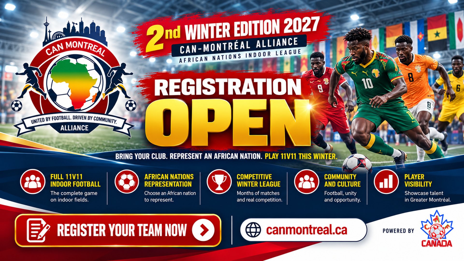 CAN-Montreal Alliance 2027 registration open for African nation teams competing in full 11v11 indoor football in Montreal